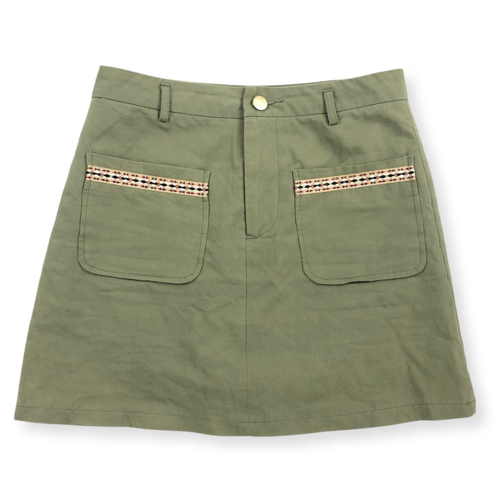 IEF A-Line Mini Skirt Green Embroidered Front Pockets